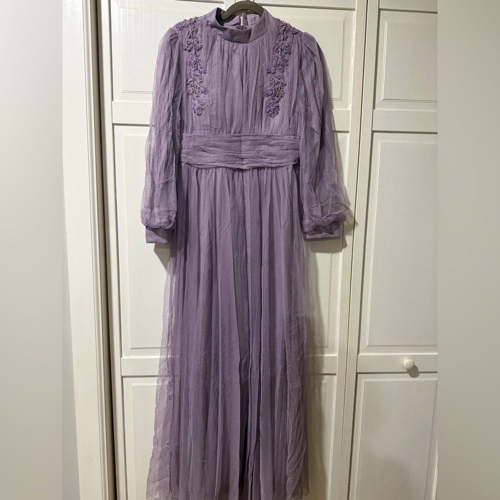 Lavender Long-Sleeve Maxi Dress With Sheer Overlay Like Size 12 Size 44